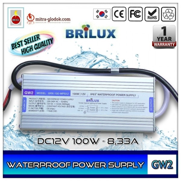Power Supply Trafo Brilux DC 12V 8.3A | 100W (Waterproof) Power Supply Trafo Brilux DC 12V 8.3A | 100W (Waterproof)